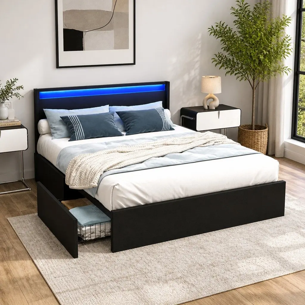 Queen Size Bed Frame with LED Lights 4 Storage Drawers Black Upholstered