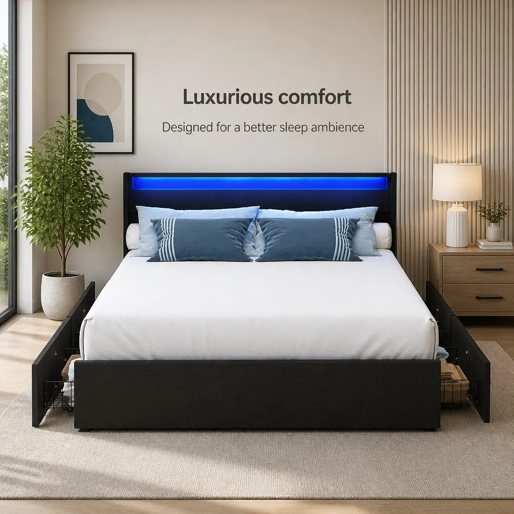 Queen Size Bed Frame with LED Lights 4 Storage Drawers Black Upholstered