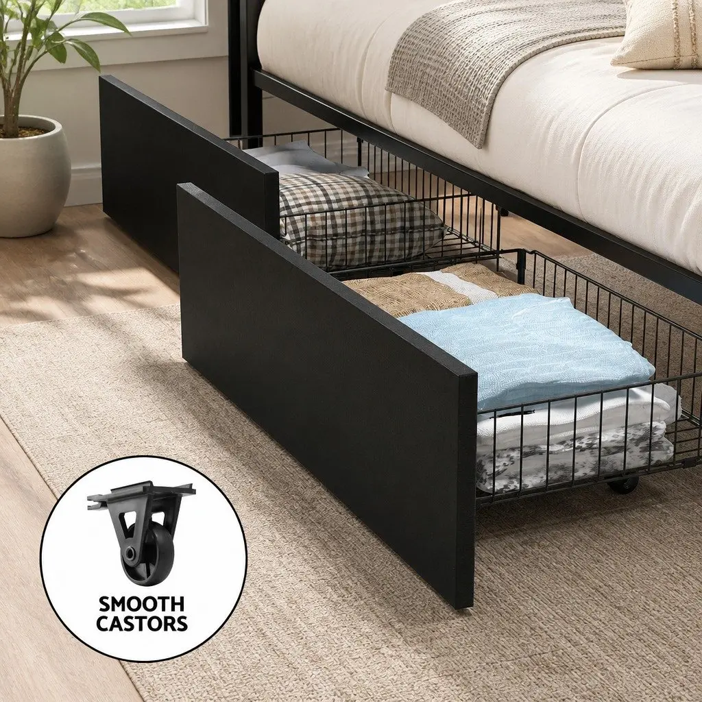 Queen Size Bed Frame with LED Lights 4 Storage Drawers Black Upholstered