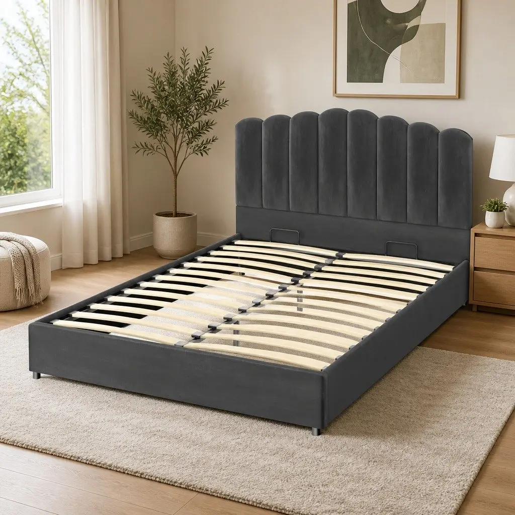 Grey Velvet Double Bed Frame with Gas Lift Storage