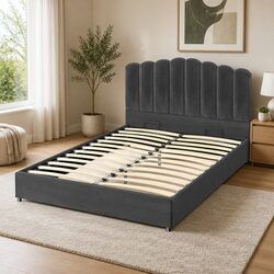 Grey Velvet Double Bed Frame with Gas Lift Storage
