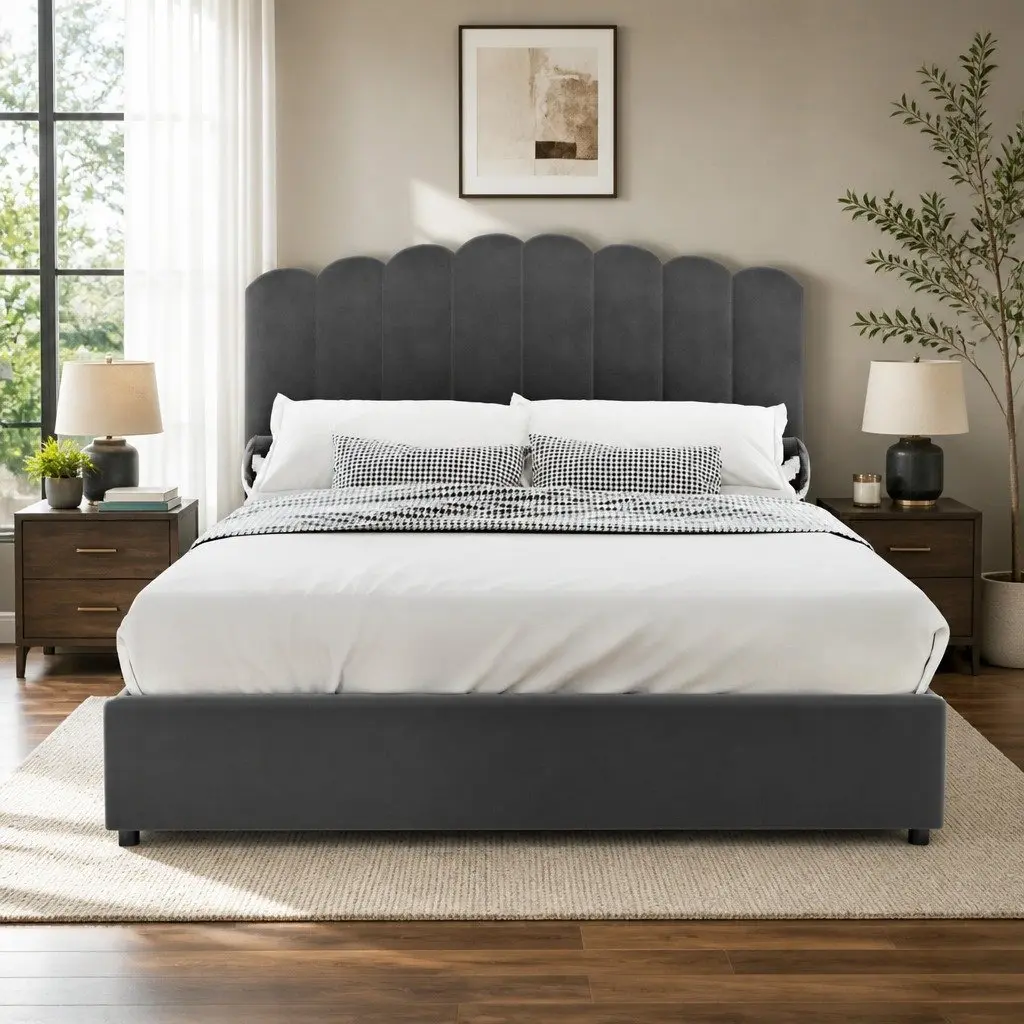 Grey Velvet Double Bed Frame with Gas Lift Storage