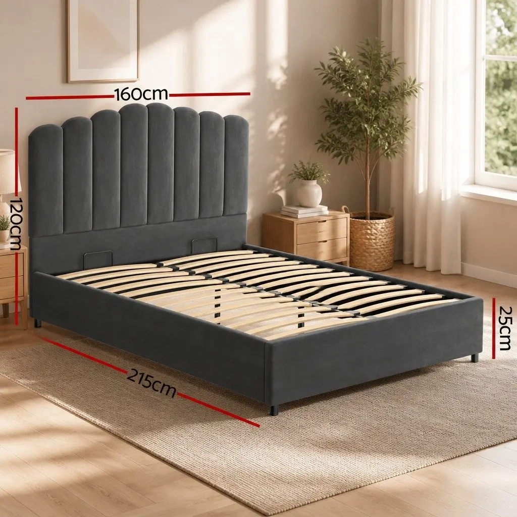 Grey Velvet Double Bed Frame with Gas Lift Storage