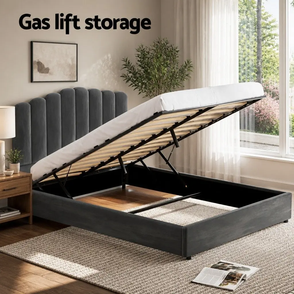 Grey Velvet Double Bed Frame with Gas Lift Storage