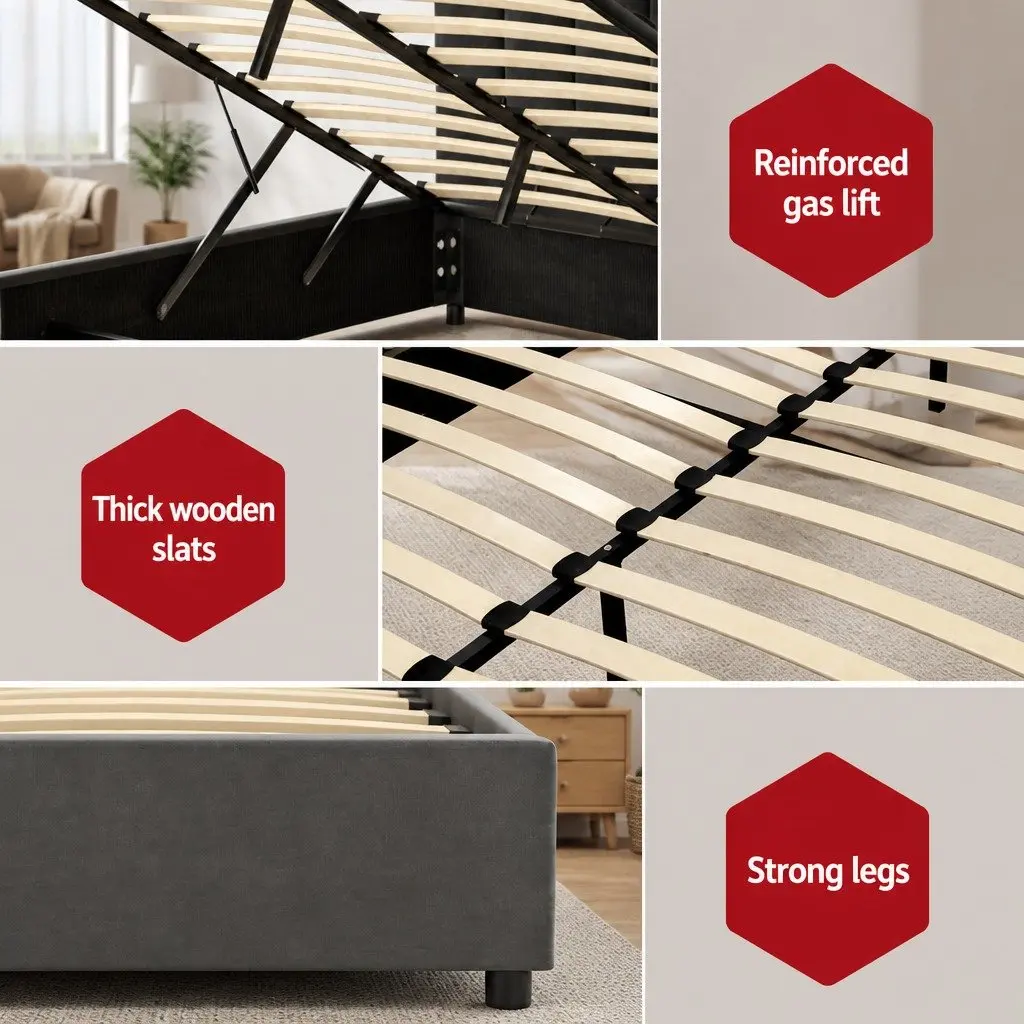 Grey Velvet Double Bed Frame with Gas Lift Storage