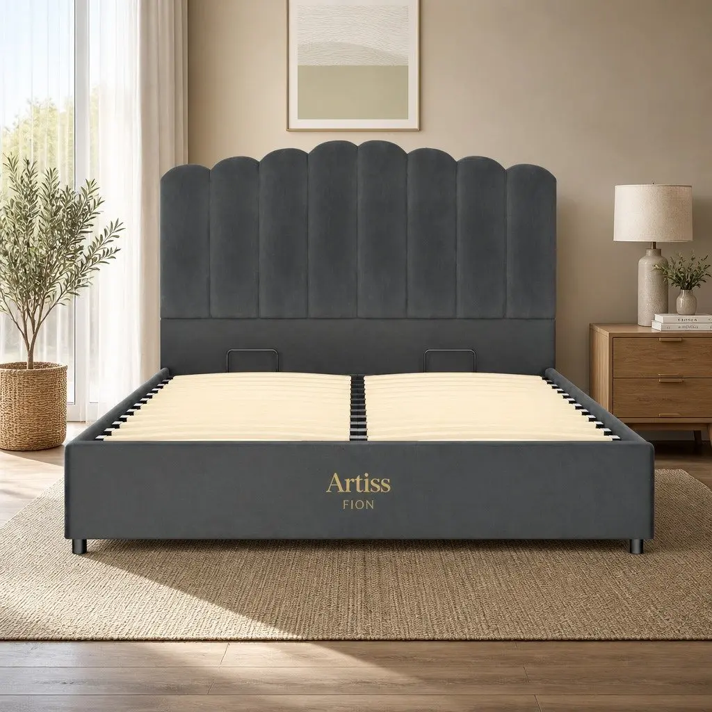 Grey Velvet Double Bed Frame with Gas Lift Storage
