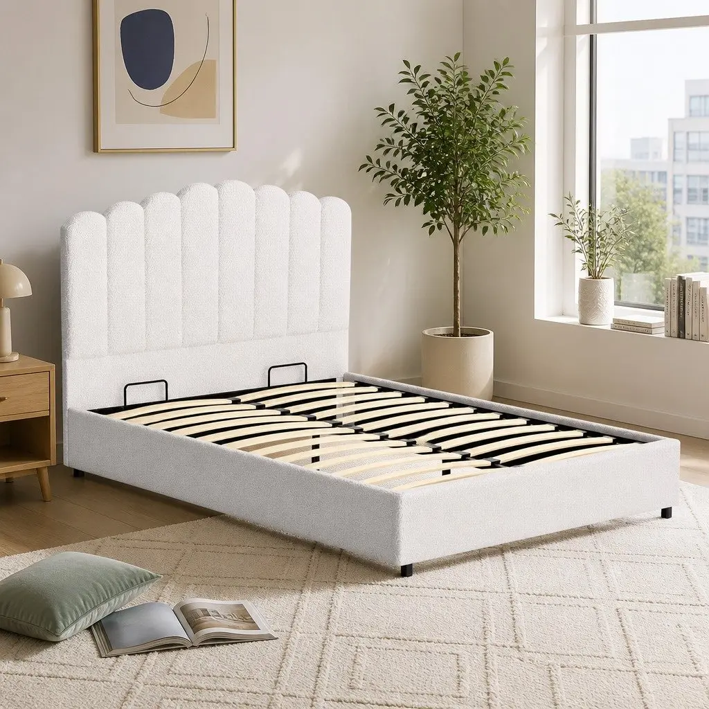 Upholstered Boucle Double Bed Frame with Storage