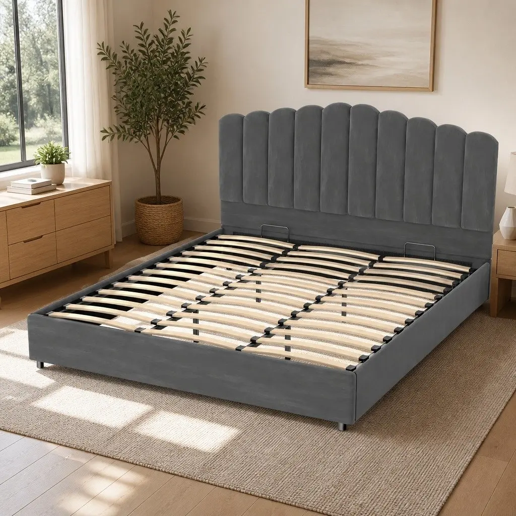 King Size Bed Frame with Padded Headboard Grey Velvet Upholstered Wood and Gas Lift Storage