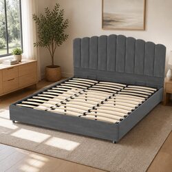Grey Velvet King Size Bed Frame with Gas Lift Storage