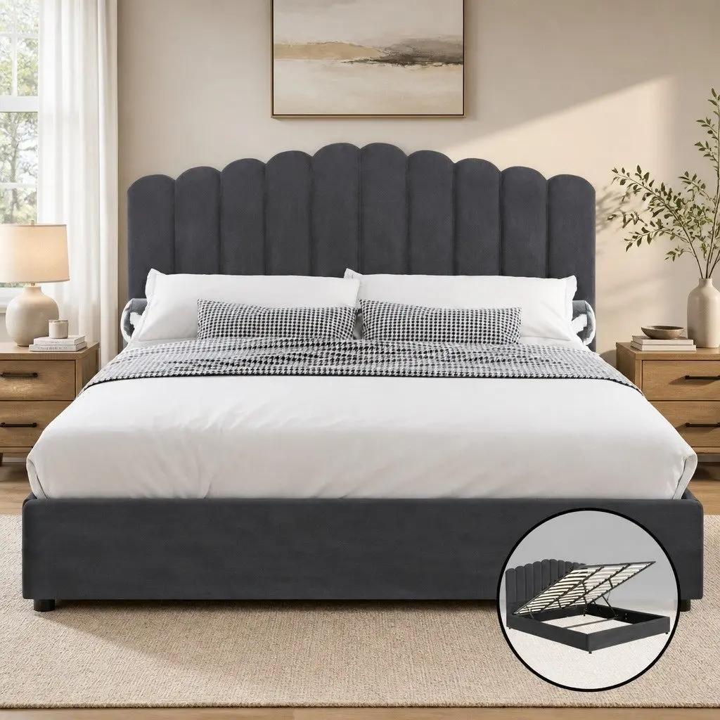 King Size Bed Frame with Padded Headboard Grey Velvet Upholstered Wood and Gas Lift Storage