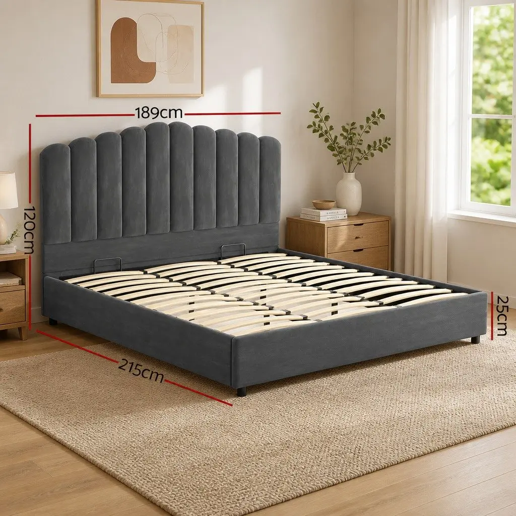 King Size Bed Frame with Padded Headboard Grey Velvet Upholstered Wood and Gas Lift Storage