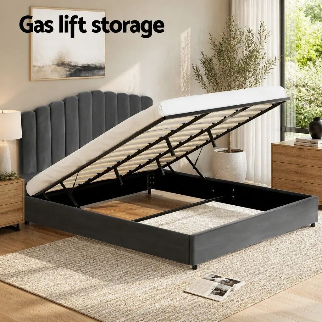 King Size Bed Frame with Padded Headboard Grey Velvet Upholstered Wood and Gas Lift Storage