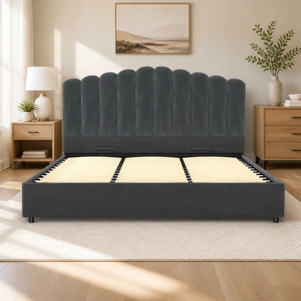 King Size Bed Frame with Padded Headboard Grey Velvet Upholstered Wood and Gas Lift Storage
