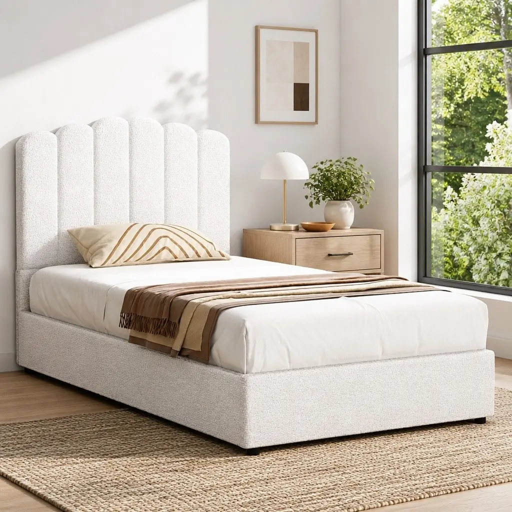 King Single Bed Frame Storage Gas Lift Upholstered Boucle White Padded Headboard
