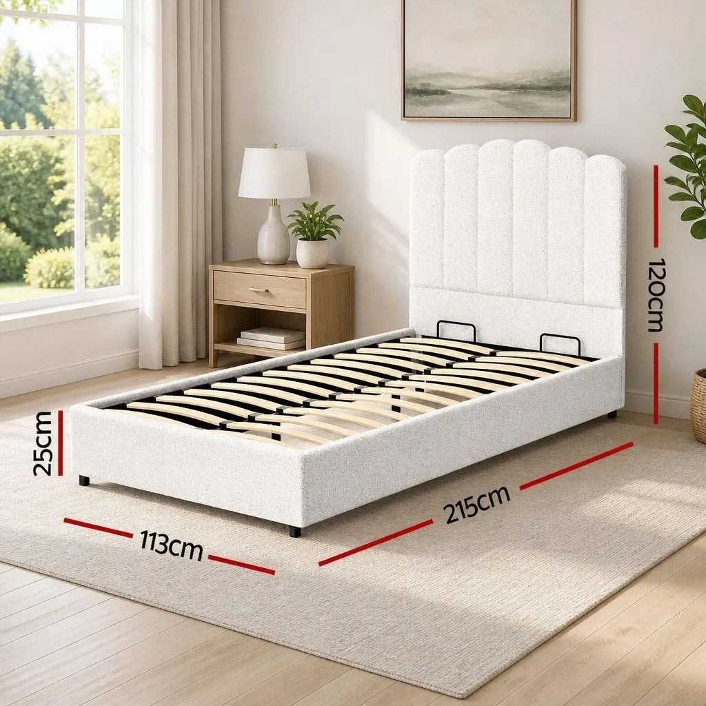 King Single Bed Frame Storage Gas Lift Upholstered Boucle White Padded Headboard