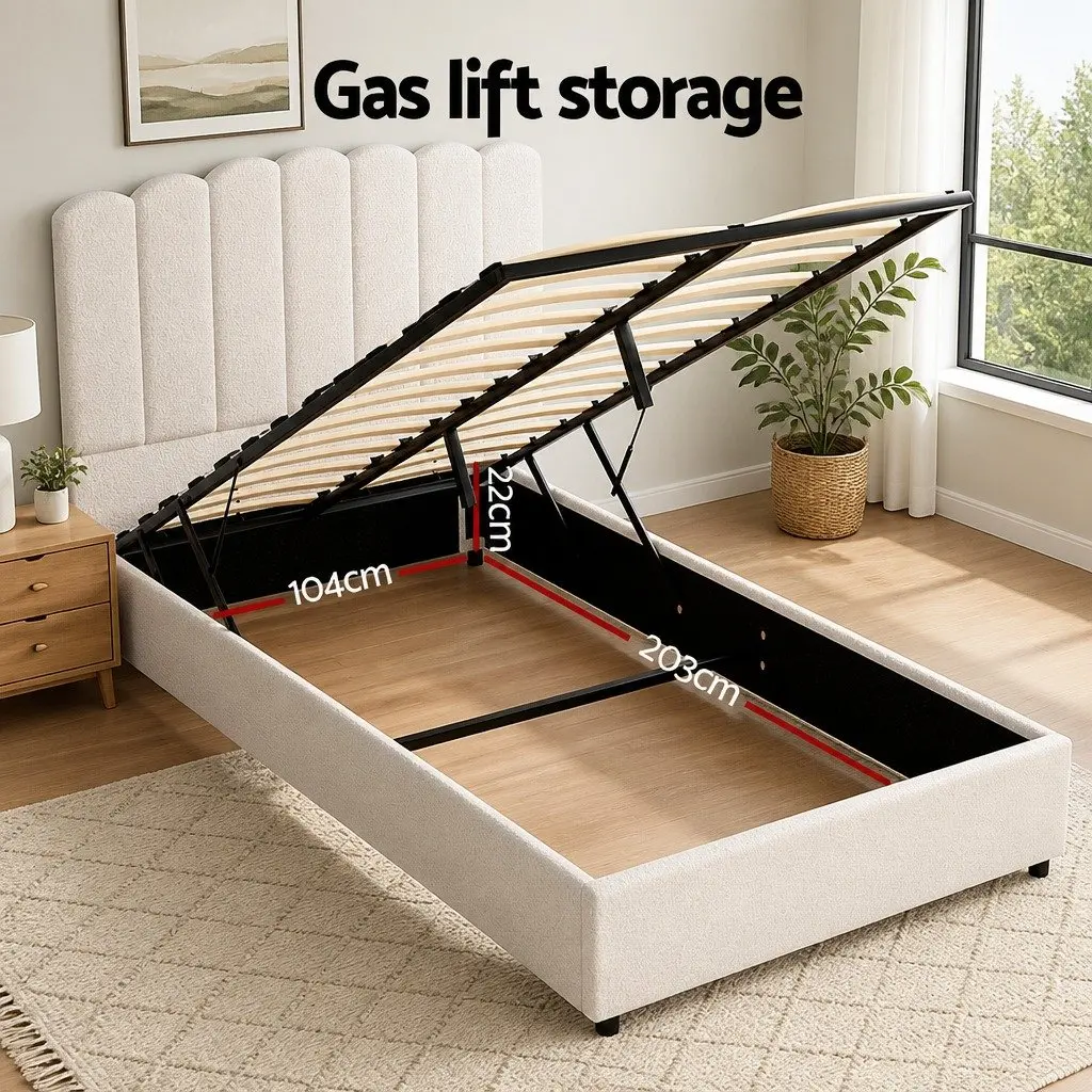 King Single Bed Frame Storage Gas Lift Upholstered Boucle White Padded Headboard