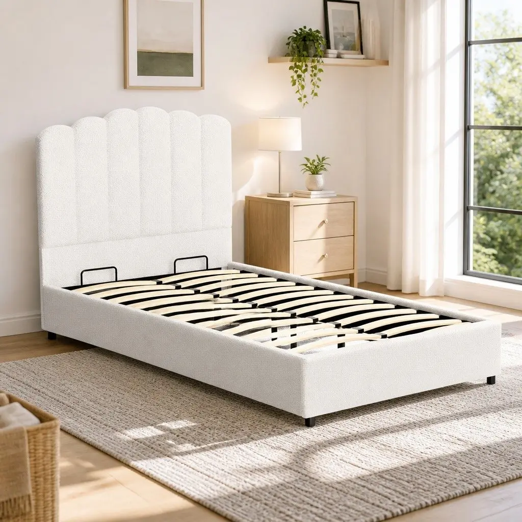 King Single Bed Frame Storage Gas Lift Upholstered Boucle White Padded Headboard