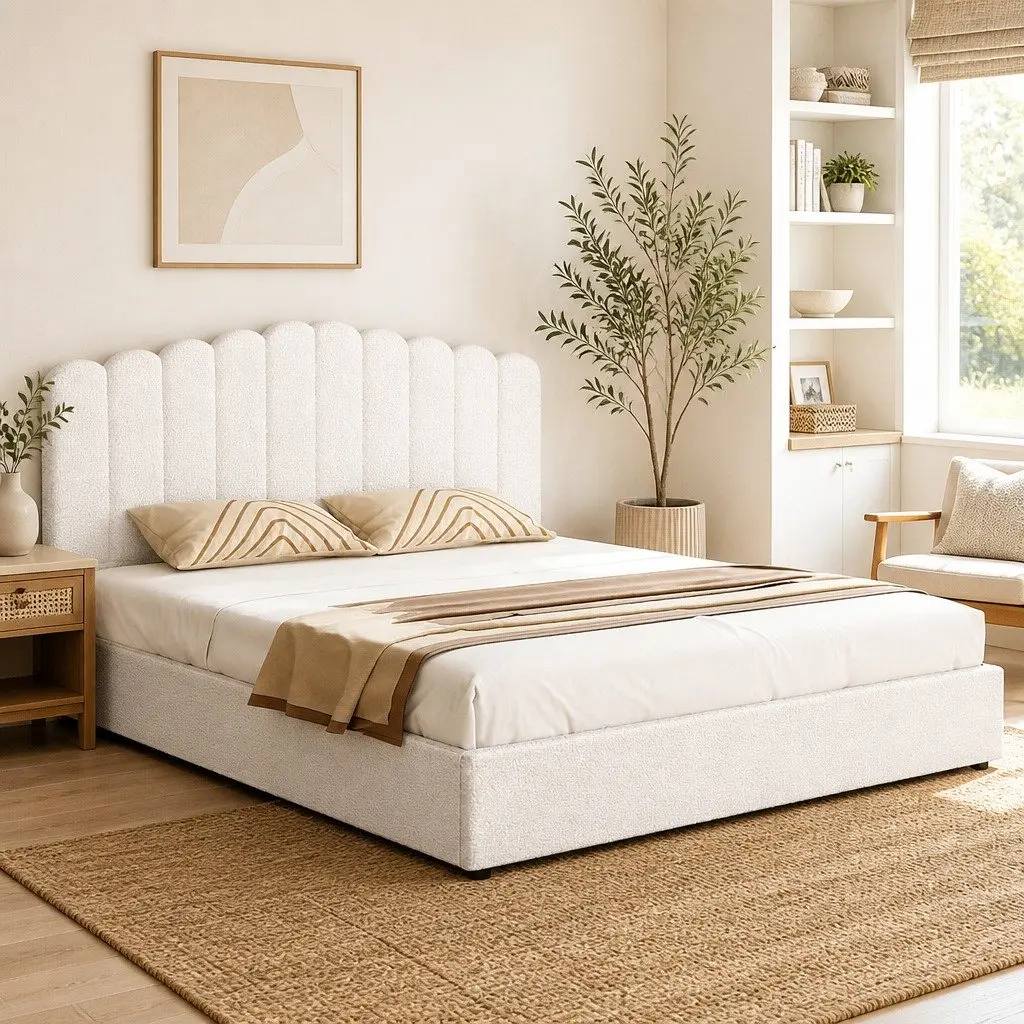 Boucle Upholstered King Size Bed Frame with Storage