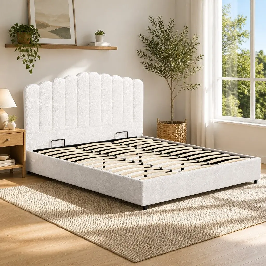 Boucle Upholstered King Size Bed Frame with Storage
