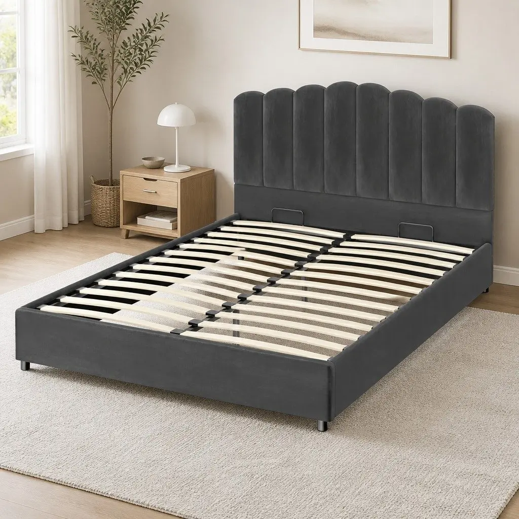 Queen Size Bed Frame Grey Velvet Gas Lift Storage Padded Headboard