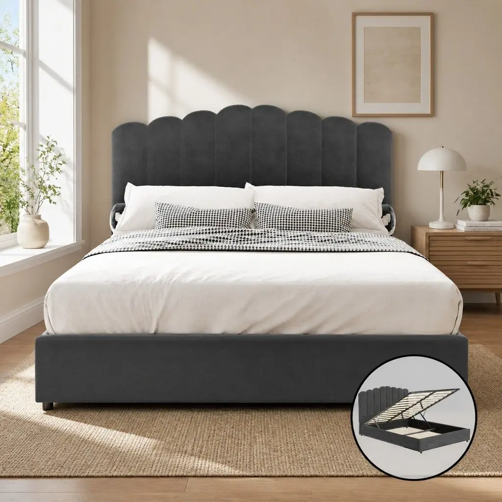 Queen Size Bed Frame Grey Velvet Gas Lift Storage Padded Headboard