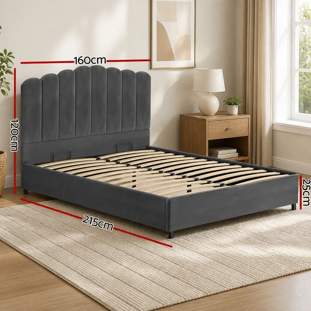 Queen Size Bed Frame Grey Velvet Gas Lift Storage Padded Headboard
