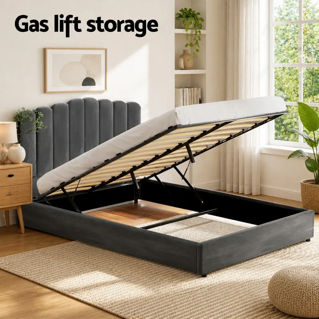 Queen Size Bed Frame Grey Velvet Gas Lift Storage Padded Headboard