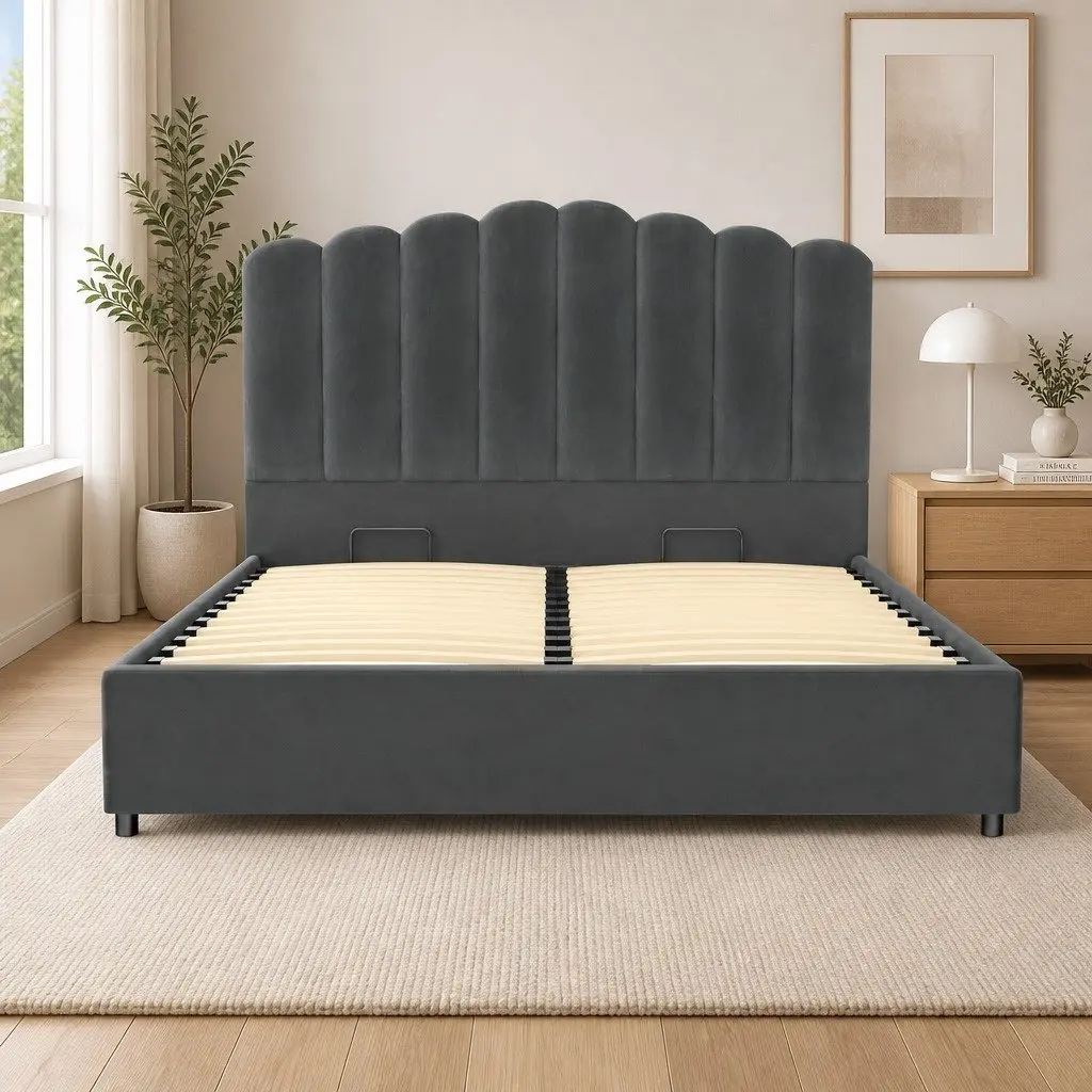 Queen Size Bed Frame Grey Velvet Gas Lift Storage Padded Headboard