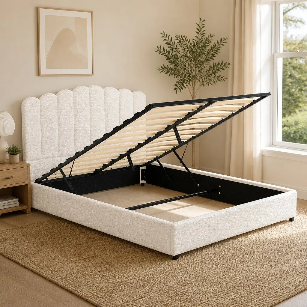 Queen Size Bed Frame with Storage and Boucle Upholstery