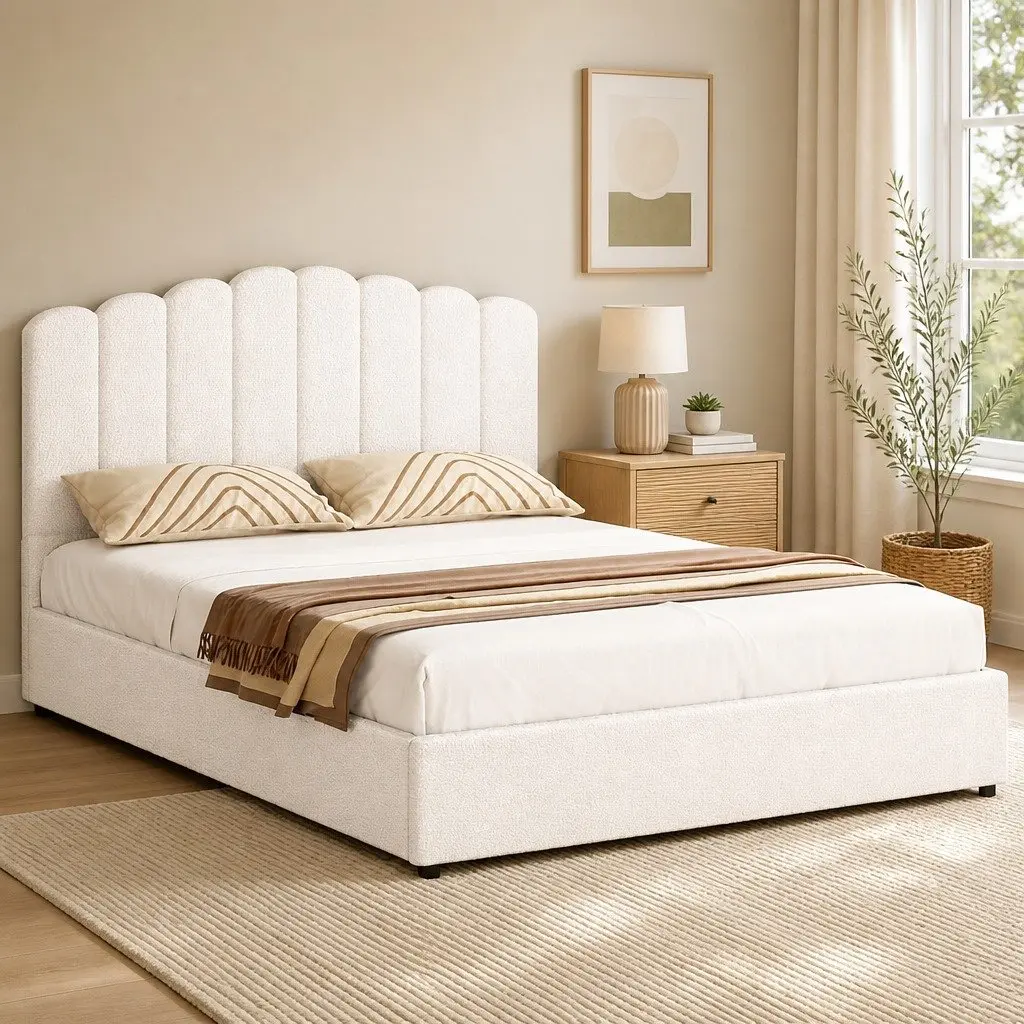 Queen Size Bed Frame with Storage and Boucle Upholstery