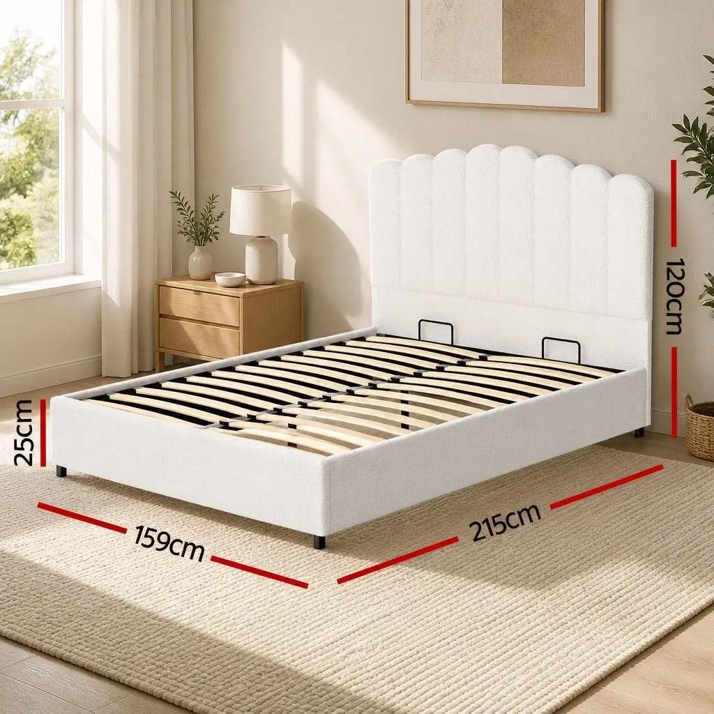 Queen Size Bed Frame with Storage and Boucle Upholstery