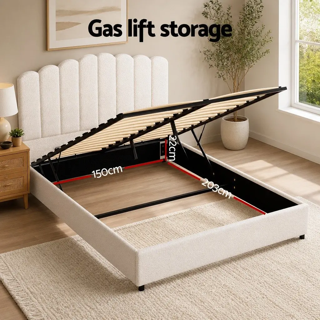 Queen Size Bed Frame with Storage and Boucle Upholstery