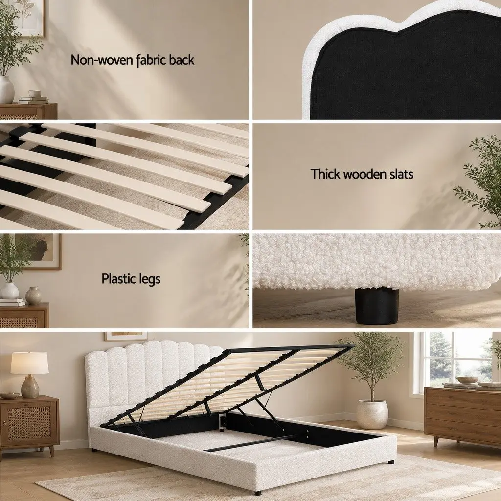 Queen Size Bed Frame with Storage and Boucle Upholstery