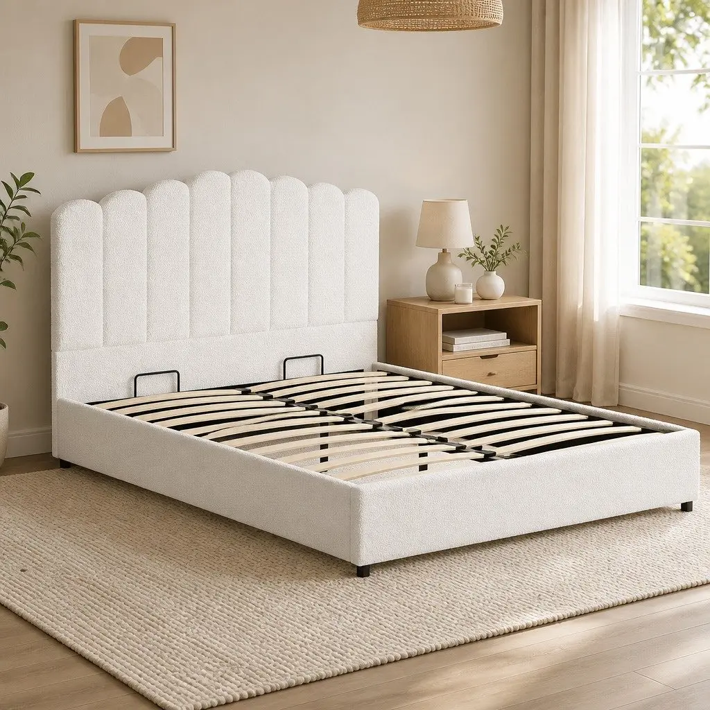 Queen Size Bed Frame with Storage and Boucle Upholstery