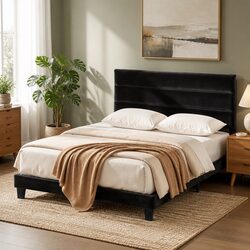 Black Velvet Double Bed Frame with Geometric Headboard