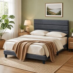 Upholstered Double Bed Frame with Geometric Headboard