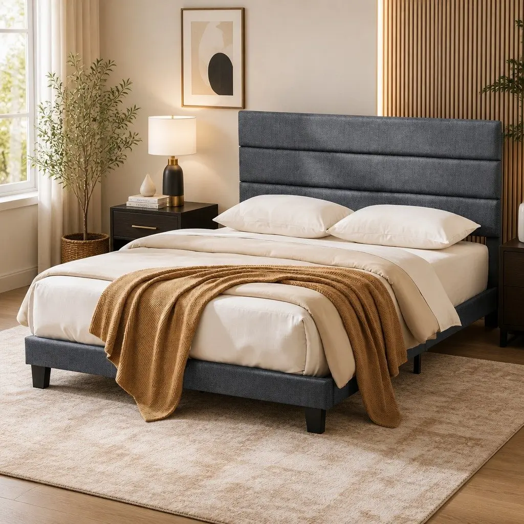 Upholstered Double Bed Frame with Geometric Headboard