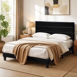 Upholstered King Bed Frame with Geometric Headboard