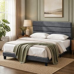 Upholstered King Bed Frame with Geometric Headboard