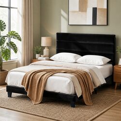Queen Upholstered Bed Frame with Geometric Headboard