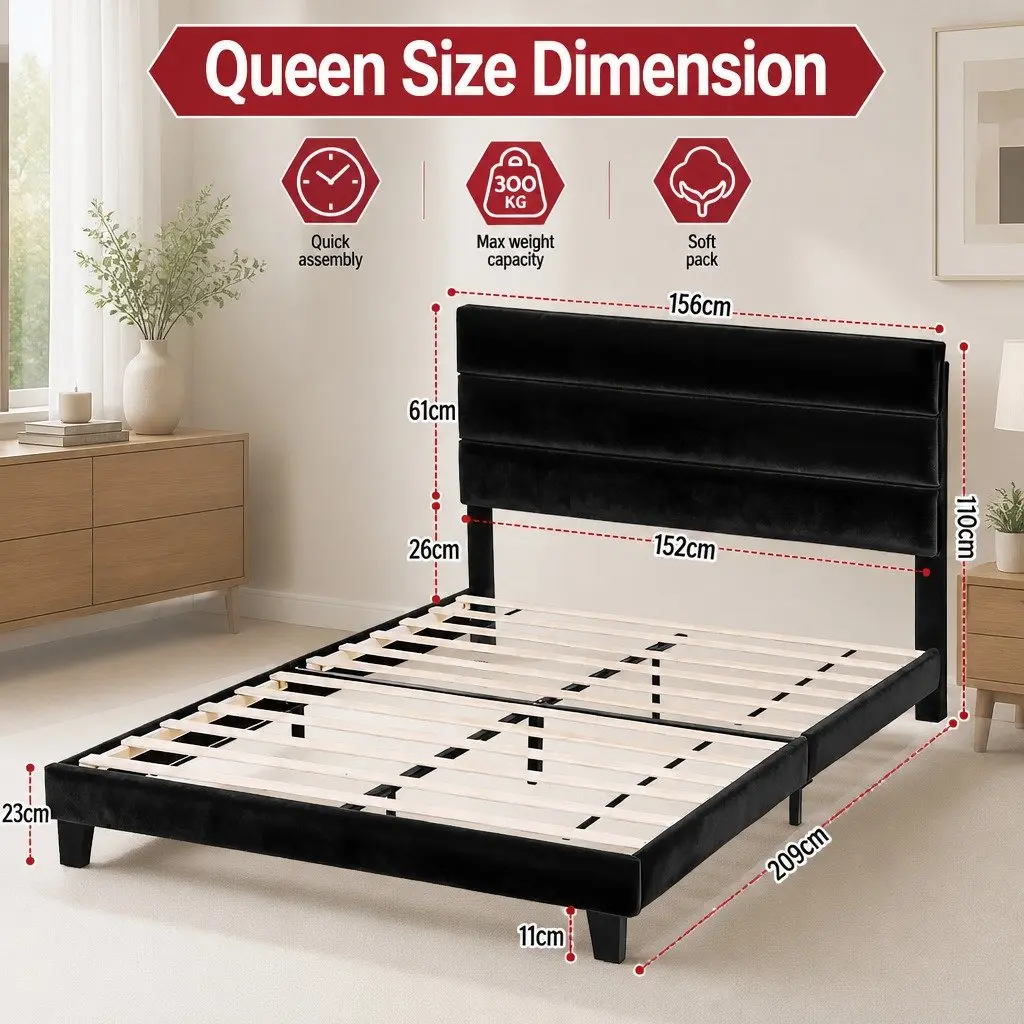 Queen Upholstered Bed Frame with Geometric Headboard