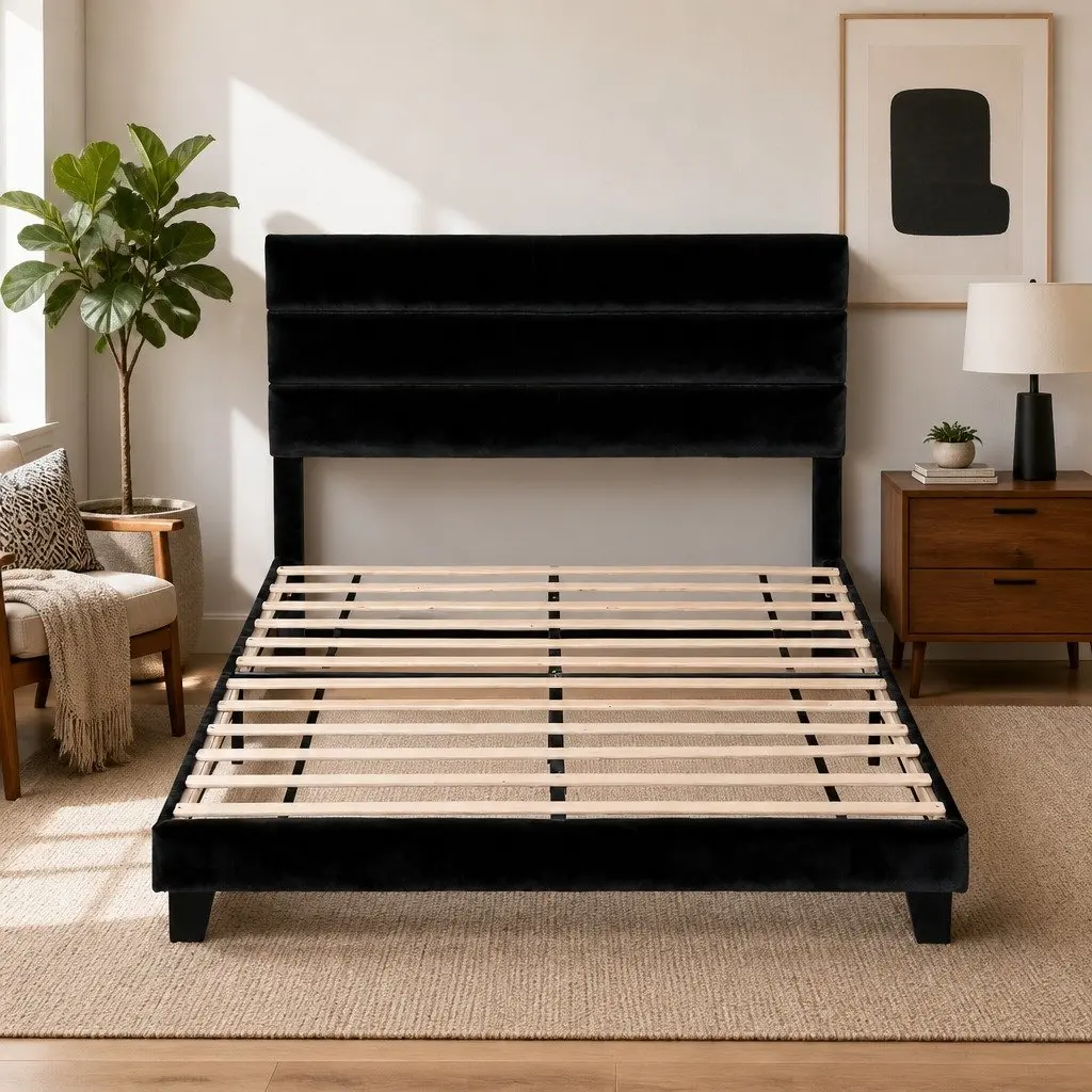 Queen Upholstered Bed Frame with Geometric Headboard