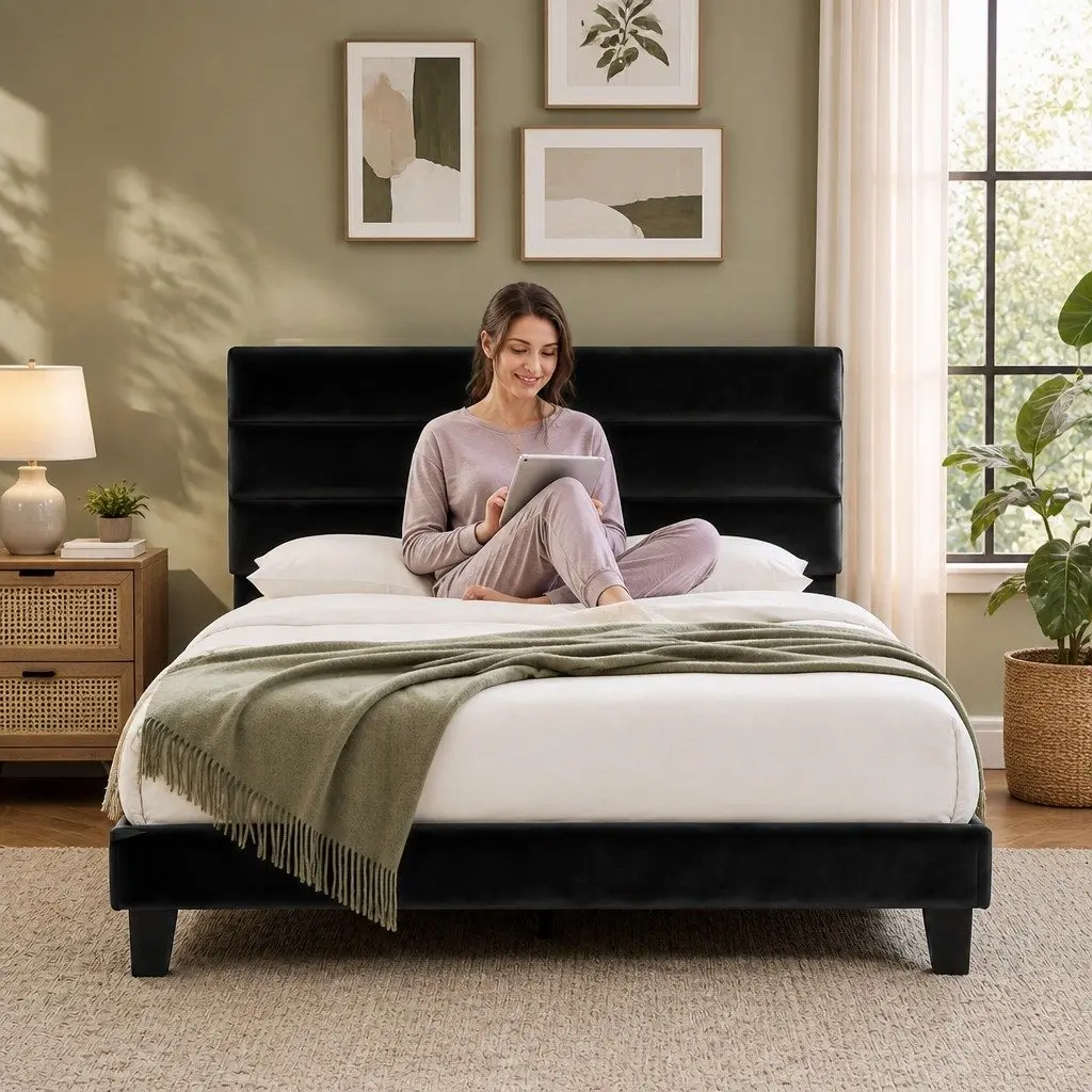 Queen Upholstered Bed Frame with Geometric Headboard