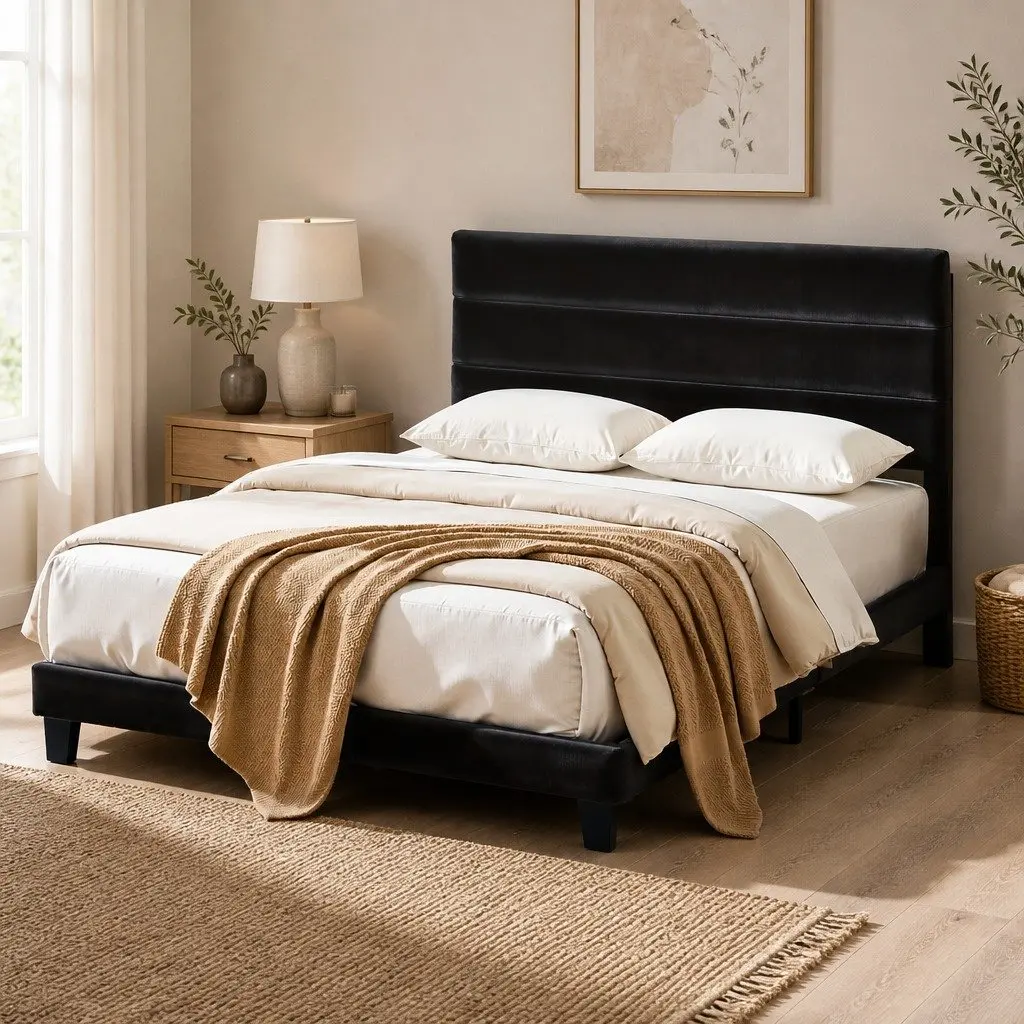 Queen Upholstered Bed Frame with Geometric Headboard
