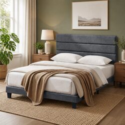 Upholstered Queen Bed Frame with Geometric Headboard