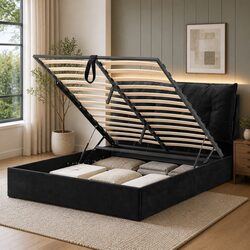 Queen Bed Frame with Gas Lift Storage and USB Charging