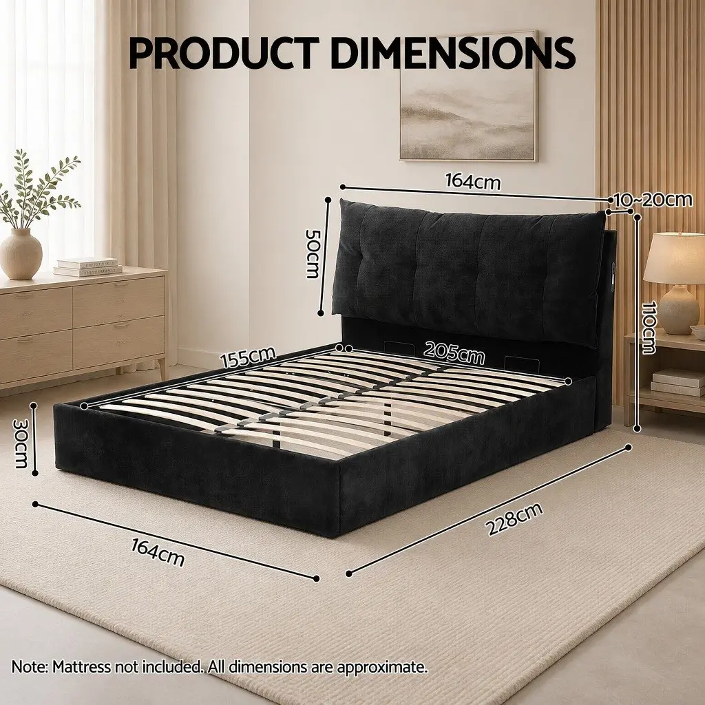 Queen Upholstered Bed Frame Black Velvet Gas Lift Storage with LED Light and USB Charging Station