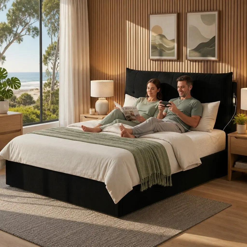 Queen Upholstered Bed Frame Black Velvet Gas Lift Storage with LED Light and USB Charging Station