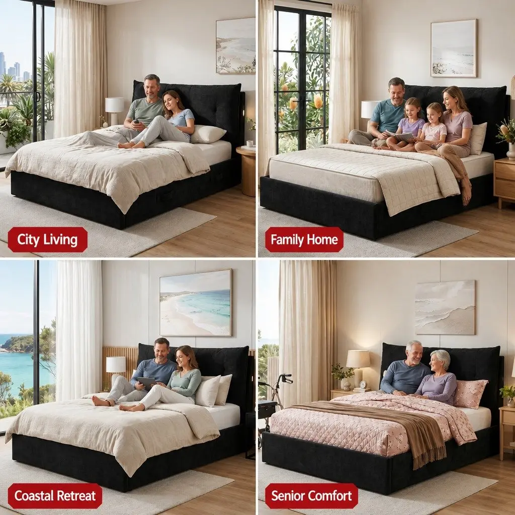 Queen Upholstered Bed Frame Black Velvet Gas Lift Storage with LED Light and USB Charging Station