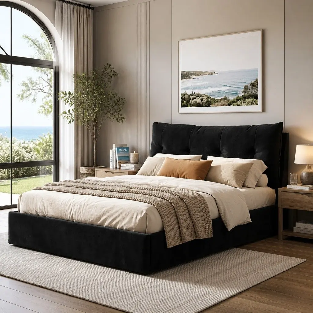 Queen Upholstered Bed Frame Black Velvet Gas Lift Storage with LED Light and USB Charging Station